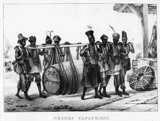 “Black Cangueiros” - Black Porters carry a Cask, engraved by Thierry Frères (fl. 1827-45), 1835