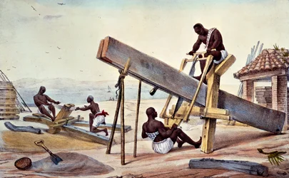 Slave Woodcutters, from “Voyage Pittoresque et Historique au Bresil”, engraved by Thierry Freres, 1835