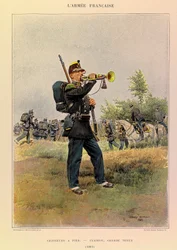Types and uniforms of the French Army of Captain Jules Richard, illustrated by Edouard Detaille (1848-1912): Hunters on foot: Bugle in great dress in 1885