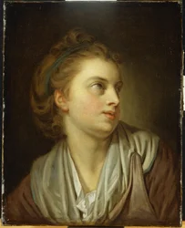 A Girl, Bust Length, with a Green Hairband, Looking Up