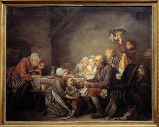 The Kings Cake. A Family Sharing the Cake at the Epiphany Feast. Painting by Jean Baptiste Greuze (1725-1805) 1774. Montpellier, Musee Fabre