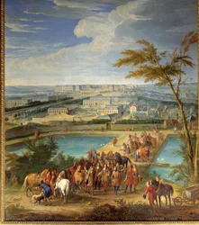 View of the city and the castle of Versailles taken from the hill of Montbauron, Louis XIV and Francois Michel le Tellier, Marquis de Louvois visit the new reservoirs
