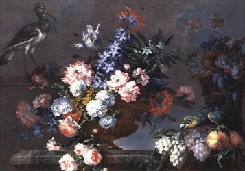 A Still Life of Fruit and Flowers with Birds