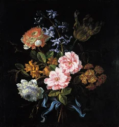 Bouquet of Poppy Anemones, Roses, Double Campernelle, a Hyacinth, a Tulip and Auricula Tied with a Bow