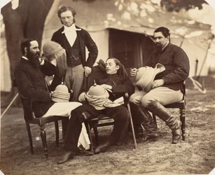 Group portrait at the Governor Generals Camp, L-R: Maj Jones, Mr. Walters, The Governor, 1858-61