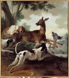 Deer Chased by Dogs. Hunting Scene. Painting by Jean Baptiste Oudry (1686-1755)
