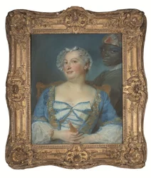 Portrait of a woman in a blue dress and her Black servant