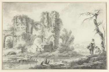 Ruin by a River with a Boy and a Girl on the Right