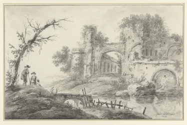 Ruins by a River with Two Countrymen