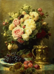 A Vase of Roses and a Tankard on a Table