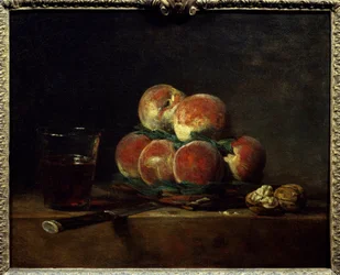 Basket of Peaches with Nuts, Knife, and Glass of Wine