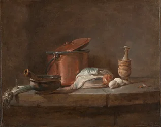 Kitchen Utensils with Leeks, Fish, and Eggs