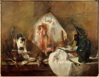 Still life with skate, fish, oysters and jug. Painting by Jean-Baptiste Siméon Chardin (1699-1779), 1727. 1.14 x 1.46 m. Paris, Louvre Museum