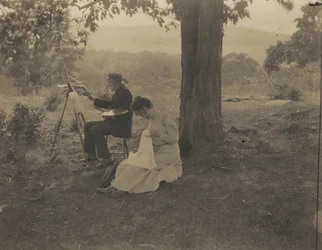 Woman Sewing, Man Painting, 1900