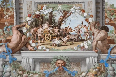 The triumphal chariot of Bacchus, pulled by Panthers and accompanied by Sileni and Bacchantes