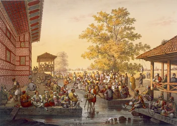 Leisure scene at Pinarbasi, a neighbourhood of Bursa. A story teller entertains the public