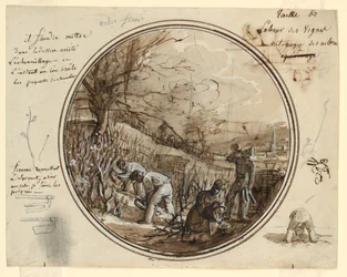 Design for a Painted Porcelain Plate, Cutting and Working in the Vineyard