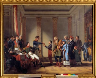 Charity of Emperor Napoleon I (1769-1821) during the Polish campaign in January 1807: Emperor giving a pension of a hundred napoleons to Nerocki, age 117. Painting by John Charles Tardieu (19th century)