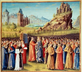 Second Crusade (1147-1149): King Louis VII taking the cross at Vezelay in the presence of Saint Bernard de Clairvaux and the bishop of Versailles on 31/03/1146. Many barons also took the cross