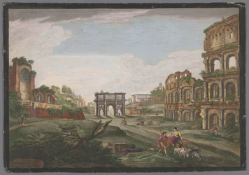 View of the Ruins of the Arch of Constantine and the Colosseum in Rome