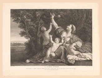 Mother with Child at the Breast While Picking Pomegranates for Her Children. Human Charity.