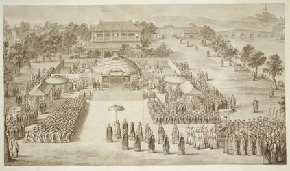 The Emperor Qianlong Receives the Homage of the Conquered Eleuths, Plate 2 from a Series of Prints Representing the Conquests of the Emperor of China, Engraved by Jacques Philippe Le
