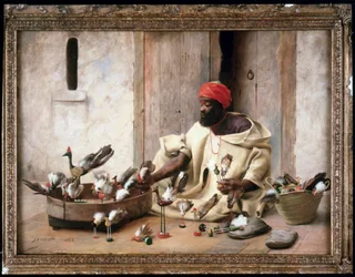 A bird merchant in the street of Tangier in Morocco