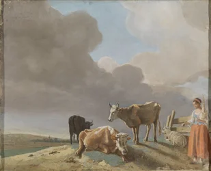 Landscape with Cows, Sheep, and Shepherdess, modified copy after a painting by Paulus Potter, the shepherdess copied from a painting by Karel Dujardin (recto); unfinished portrait of a man (verso)