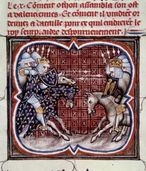 Franco-English War (1202-1214): the Battle of Bouvines on 27/07/1214 between the French army of Philippe Auguste and the Flemish and Welfs of Othon IV. The French victory was decisive in the outcome of the war. Miniature from 