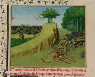 Ms Fr 6465 f.113 The Emperor Charlemagne Finds Roland