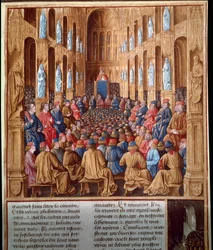 Pope Urban II preaching the first crusade at the Council of Clermont, France, uniting knights, nobility and cardinals