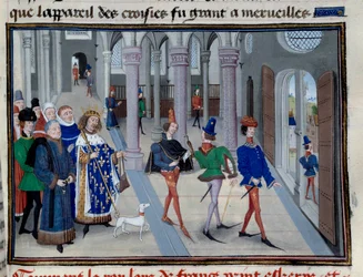 The King Saint Louis (Louis IX) preparing to leave overseas. Miniature from Les Grandes Chroniques by Jean Fouquet, Paris, Library of the Arsenal
