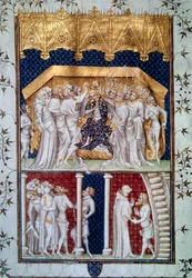 The coronation of Charles VI by the peers of France on 16 September 1380. Miniature from 
