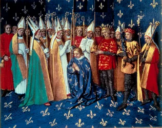 The coronation of Philippe Auguste in Reims on 1/11/1179. Miniature from Chronicles of Saint Denis by Jean Fouquet (1420-1481)