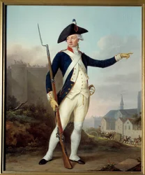 French Revolution: "Full-length portrait of the citizen Nau Deville in the uniform of the National Guard (in the background, the demolition of the Bastille)"