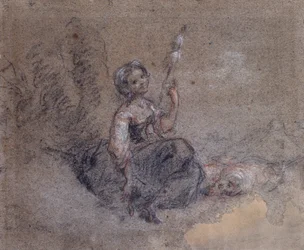 A Young Shepherdess Spinning