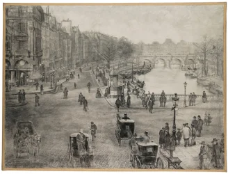 Paris, La Place de Saint Michel with the Quai des Grands Augustins and the Pont Saint Michel in the Foreground and the Pont Neuf and the Louvre in the Background