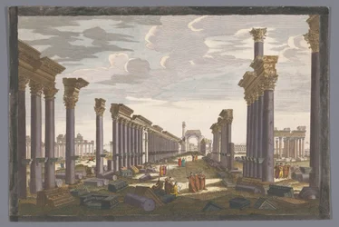 View of the ruins of the arch of the colonnade in Palmyra, seen from the west (12th View of the ruins of the grand temple of Palmyra from the west side)