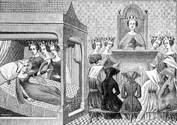 The Three Virtues, Reason, Uprightness and Justice, Urge Christina de Pisan to Write a Book of Ethics for the Instruction of Ladies, Illustration from Science and Literature in the Middle Ages and the Renaissance, Written and Engraved by Paul Lacroix, 1878