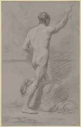 Standing Male Nude, Left Knee on a Rock, Right Arm Raised