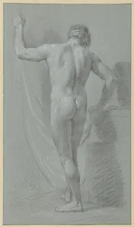 Standing Male Nude in Front of a Curtain, Seen from the Back