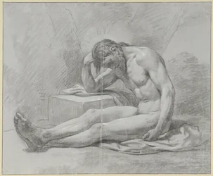 Sitting Male Nude, on the Ground, Leaning on a Block with Right Arm