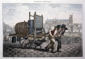 Former street metier in Paris: bath at home (two men pull a cart with a barrel filled with water). Engraving by Jean Henry Marlet in 