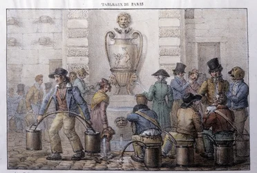 Former street metier in Paris: water carrier in front of a fountain