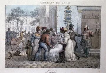 Old street scene in Paris: the accident (woman supported by passers-by). Engraving by Jean Henry Marlet (1771-1847) in Les Tableaux de Paris, series of 72 prints, late 19th century.