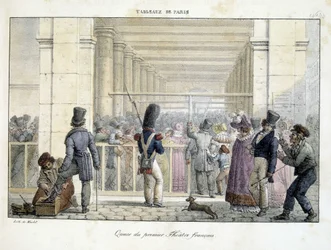 Queue at the First French Theatre - lithography by Marlet, in 