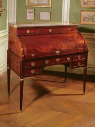 Louis XVI Cylinder-Top Mahogany-Veneered Bureau with Gilt Bronze Mounts, Carrara Marble Top Flanked by Candelabrum