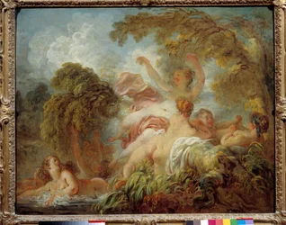 Bathers. Group of naked young women bathing. Painting by Jean Honoré Fragonard (1732-1806), 18th century. Sun. 0,64 x 0,8 m
