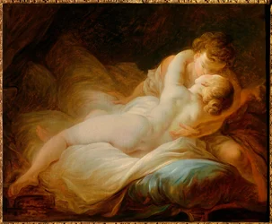Erotica: “The Moment of Desire” or “Happy Lovers”. A couple kissing in a bed. Painting by Jean Honoré Fragonard (1732-1806), 18th century. Private collection