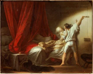 The Romantic Scene lock depicting a young man preventing his mistress from leaving the bedroom in bed (18th century)
